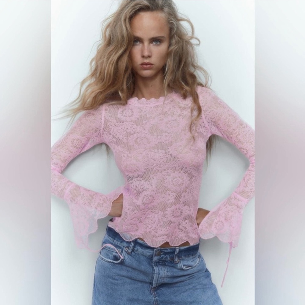 ZARA Knit Sweater With Lace Pink Small NWT